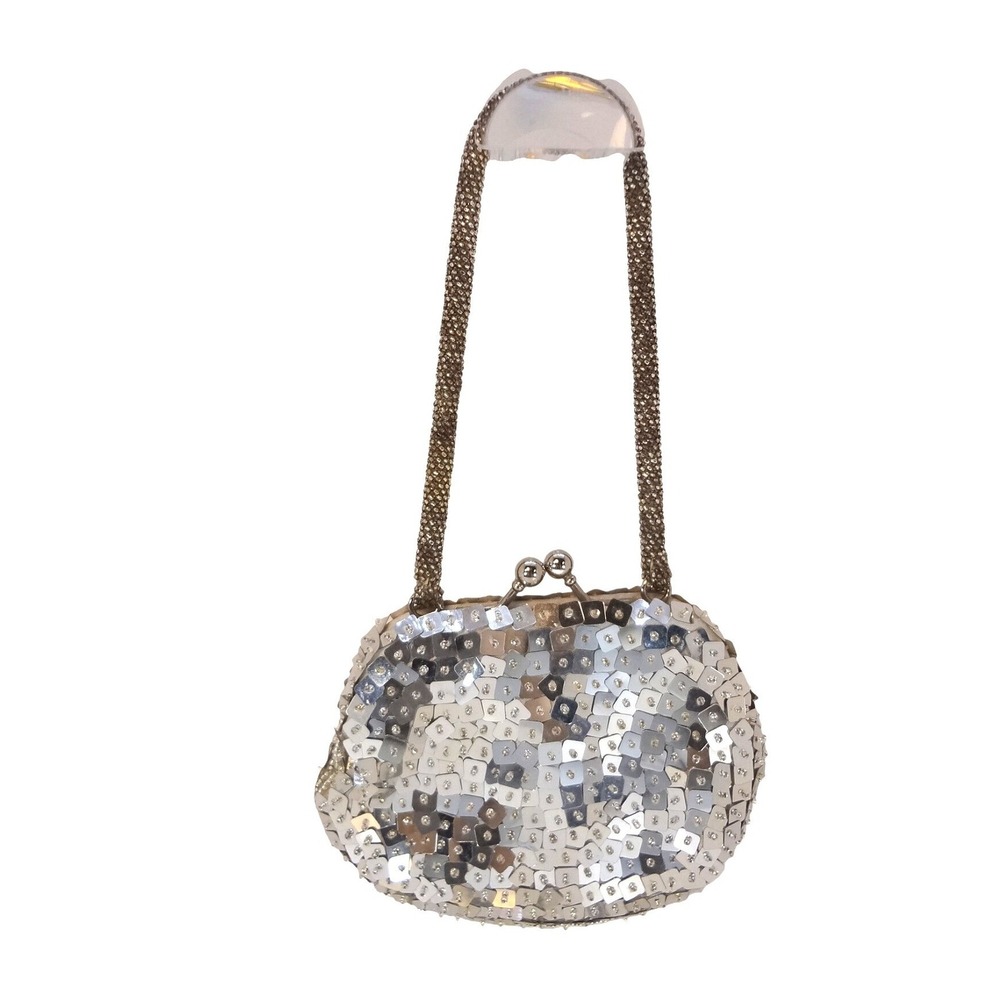 Vintage LaRegale Silver Irrescent Beaded Sequin Evening Bag Womens Kiss Lock